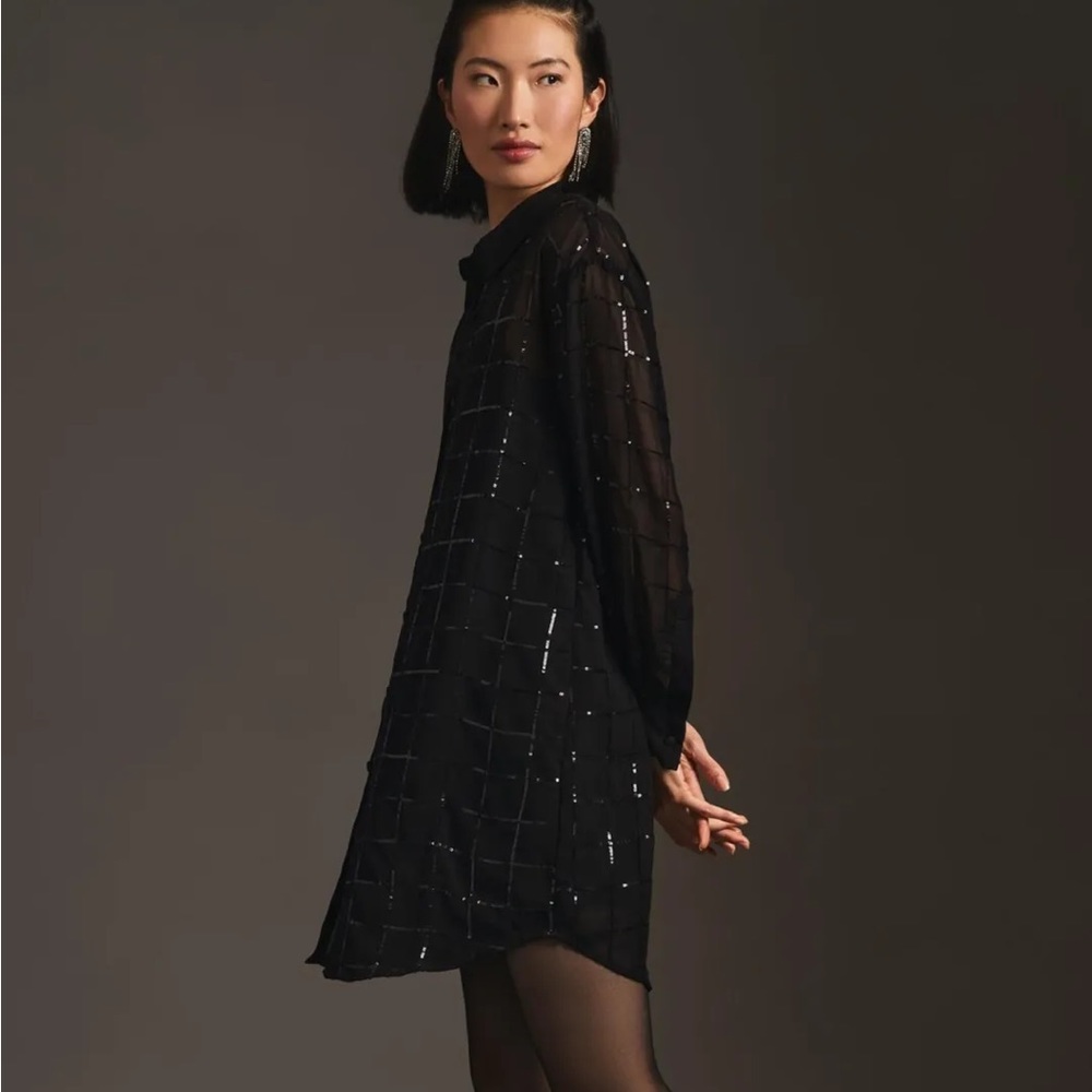 Anthropologie Rinku Dalamal Black Sequin Shirt Dress Size Medium MSRP $198